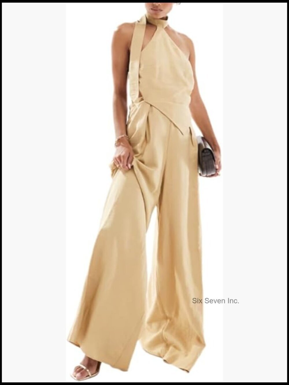 2 Piece Set Going Out Halter Top Wide Leg Pants Business Casual